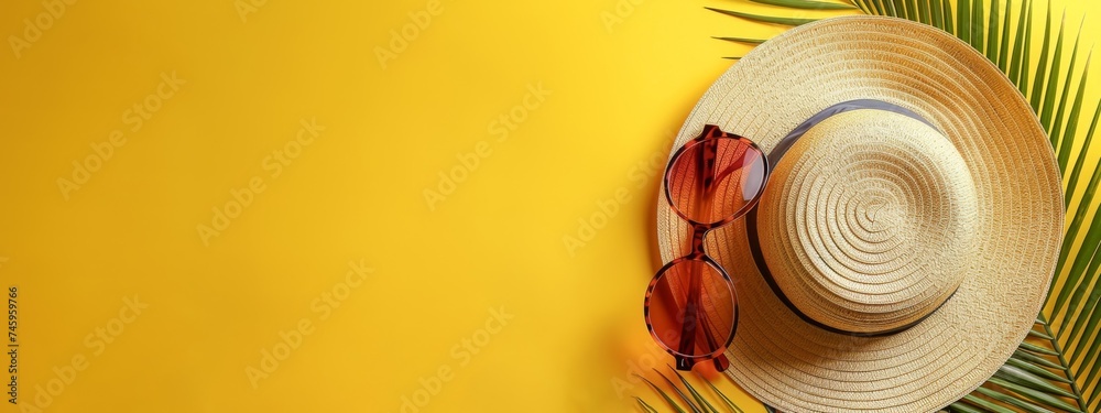 Vacation summer holiday travel tropical ocean sea banner panorama greeting card - Close up of straw hat, sunglasses and palm tree leaves, isolated on yellow background, top view, flat lay - obrazy, fototapety, plakaty 