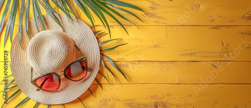 Vacation summer holiday travel tropical ocean sea banner panorama greeting card - Close up of straw hat, sunglasses and palm tree leaves on yellowpainted wooden table background, top view, flat lay photo