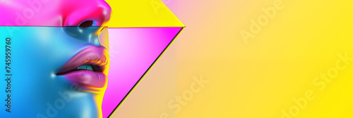 Stylized rendition of a face against a multicolored gradient background. Partial view of a face, highlighting luscious lips and a sleek nose, all rendered in bold, colors modern and abstract  #745959760