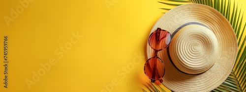 Vacation summer holiday travel tropical ocean sea banner panorama greeting card - Close up of straw hat, sunglasses and palm tree leaves, isolated on yellow background, top view, flat lay photo