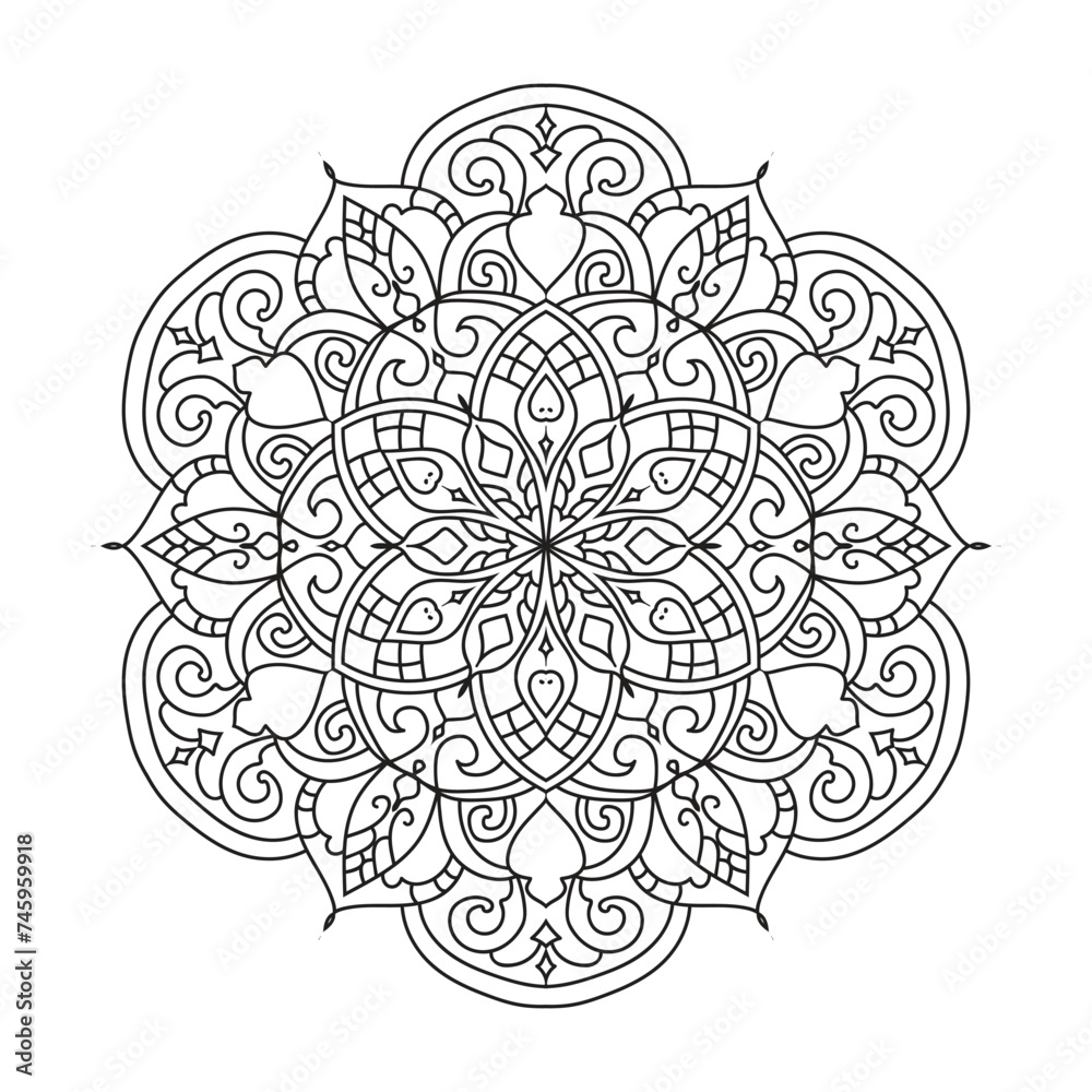 Anti-stress coloring book page for adults.Oriental mystical pattern.Yoga mandala.		

