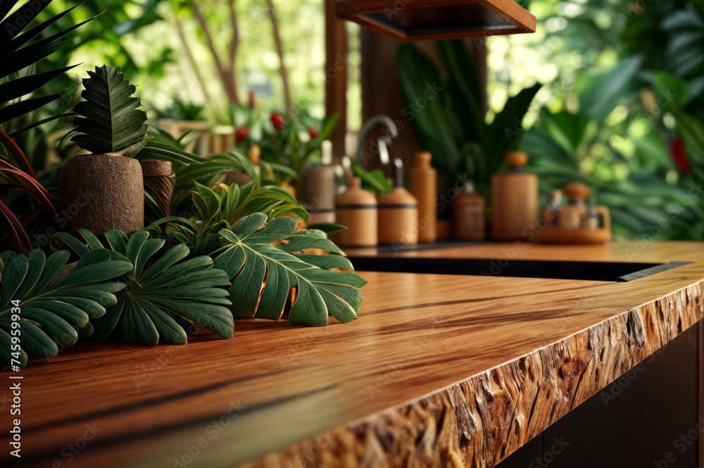 Wooden countertop with tropical plants in garden