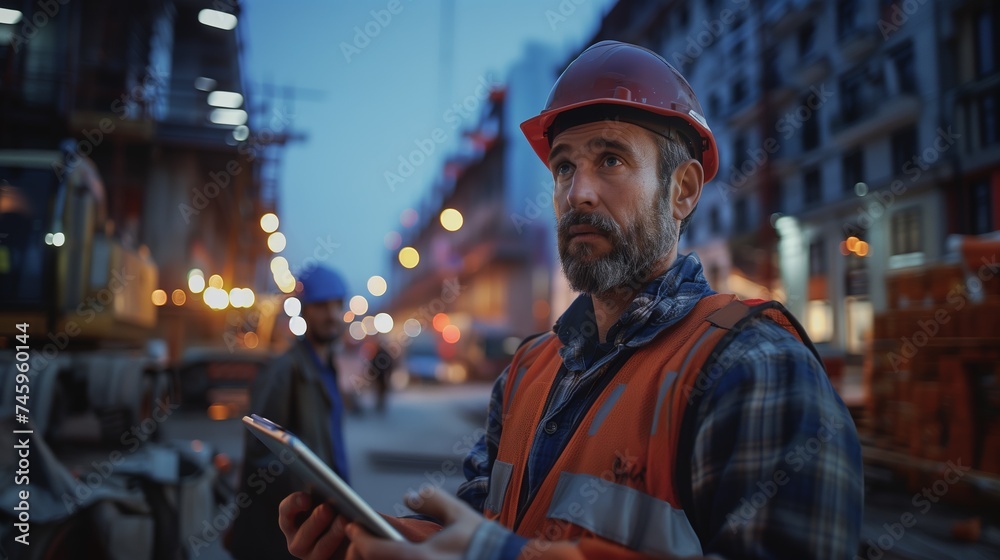 Portrait of a Caucasian male construction worker using digital tablet at night.