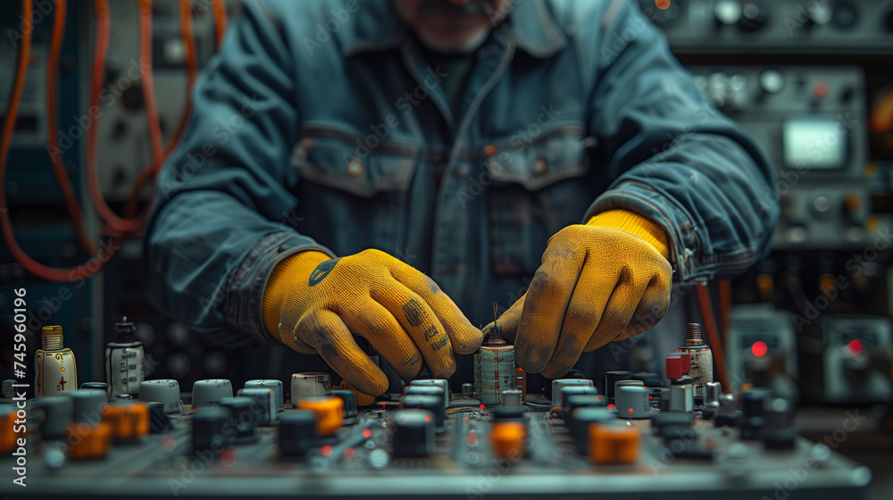 a man wearing yellow gloves is working on electrical equipment, in the style of dark indigo and light azure, soft, atmospheric lighting, firecore, award winning, 32k uhd, the aesthetic movement, light