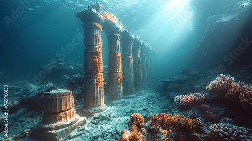 Underwater city of Neptune with blockchain patterns illuminating ancient Greek ruins amidst vibrant coral reefs