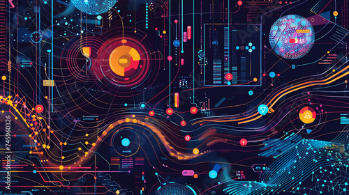 A detailed vector infographic showing the flow of AI-driven analytics, with colorful charts, graphs, and data points interconnected, HD, 4K
