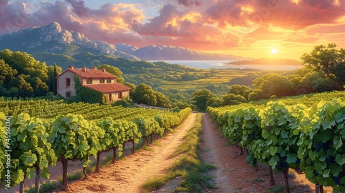 French winery in Burgundy region, offering wine sampling with famous grapes artwork and illustration of Bordeaux landscape, tranquil nature setting