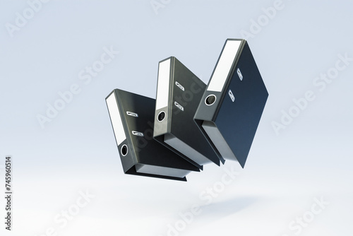 three black folder document binder floating and falling over clean surface; object isolated on infinite background; 3D rednering