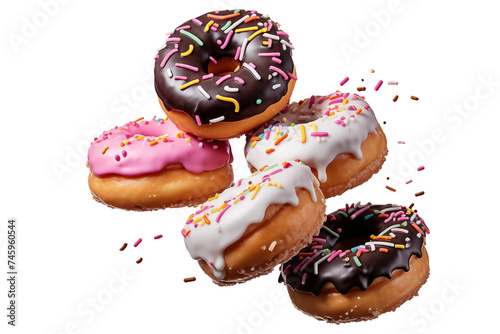 Delecious Floating donuts PNG with sprinkling falling in motion isolated on a white and transparent background - Sweet various pastry doughnuts flying Panoramic Food Bakery banner