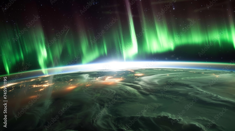 Green Aurora Borealis over Earth's Nighttime Lights.