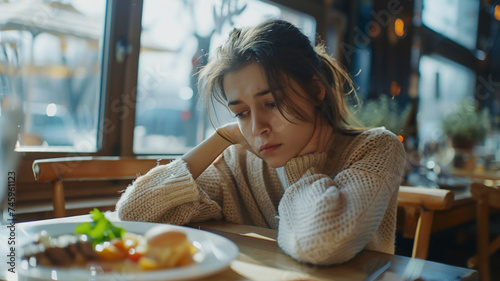 Depressed young woman with eating disorders , worried about her shape ,Nutrition problems . photo