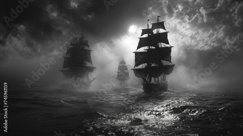 Dark skies over a dreamy sea, where ghostly ships sail in silence, navigating through the hallucinogenic fog of lost souls