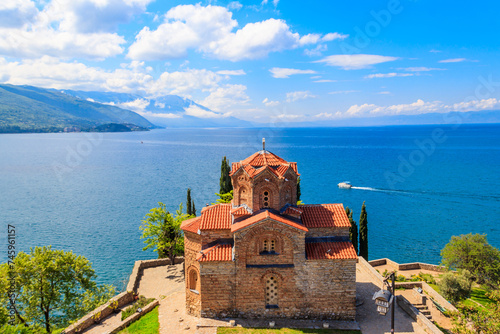 View of Church of St. John at Kaneo and Lake Ohrid in the city of Ohrid, North Macedonia