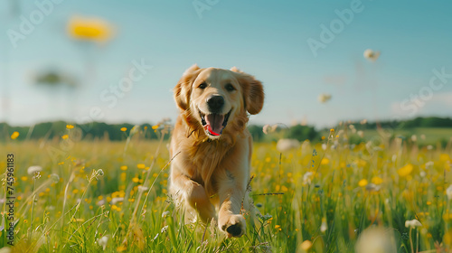 Um lindo golden retriever correndo em um campo verde vibrante em primeiro plano com céu azul e arredores exuberantes photo