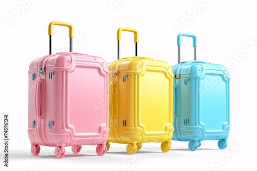 Vibrant suitcase soaring on blank backdrop, representing imagination and wanderlust. 3D icon collection.