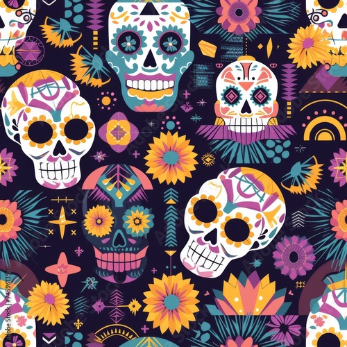 Vibrant Day of the Dead Seamless Pattern with Colorful Sugar Skulls and Flowers.