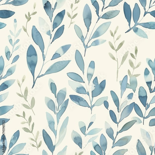 Chambray Blue Leafy Watercolor Seamless Background.
