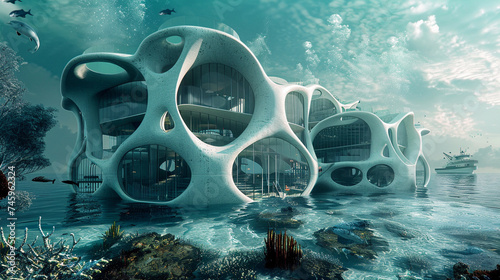 Interactive exploration of experimental architectural concepts, from underwater habitats to floating cities #745962324