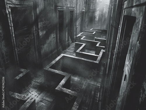Nightmarish drug trial facility, subjects lost in a maze of dark, unethical experiments, a quest for forbidden knowledge