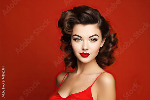 Woman in pinup style with red lipstick and dress, posing against red background
