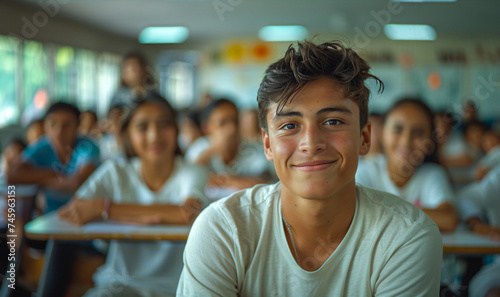 hispanic male teenager student sitting in a chair at a classroom wearing a white t-shirt. Out of focus classmates in the background  photo