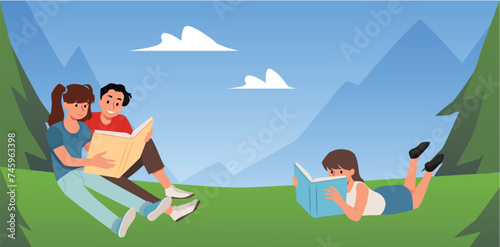 Vector illustration: teenage children in nature, absorbed in books.