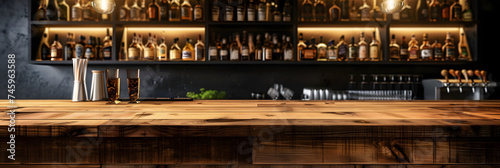 Wooden desk of bar and free space for your decoration. photo