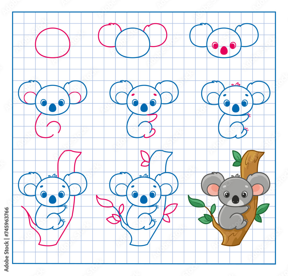 How To Draw Koala Step By Step Lesson For Kids Cartoon Vector How To Draw Koala Step By Step Lesson For Kids Cartoon Vector