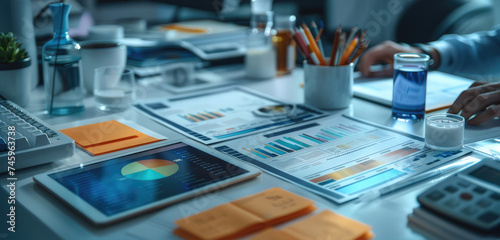 The table is scattered with various product samples and marketing materials, highlighting the research process for affiliate marketing. Generative AI.