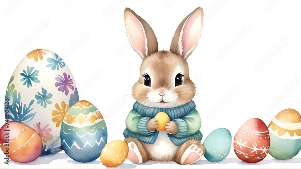 Happy easter day with cute bunny and colourful eggs isolated on white background. Watercolor illustration for design, greeting card, template, wallpaper, artwork Happy easter day with cute bunny and colourful eggs isolated on white background. Watercolor illustration for design, greeting card, template, wallpaper, artwork