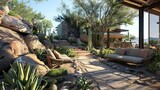 A house at desert landscaping at morning time, Outdoor seating 