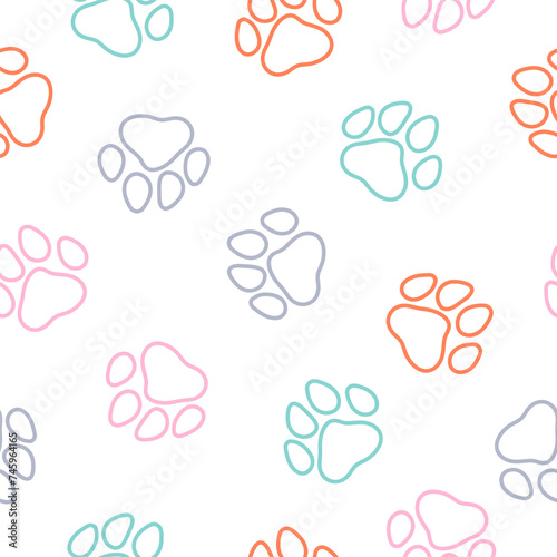 Seamless pattern with colorful outline paws