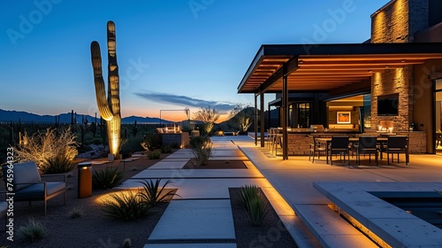A house at desert landscaping at night time, Outdoor seating. 