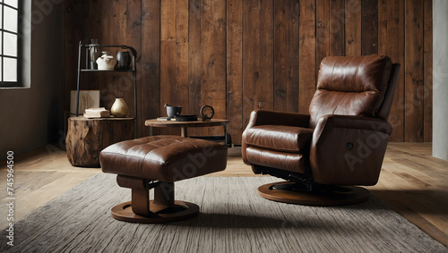 Home space featuring a brown leather recliner on a rustic wooden wall. 