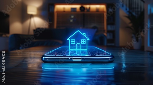 smartphone on a table is the main focus. It lights up with a transparent blue light with a outlined house above the phone photo