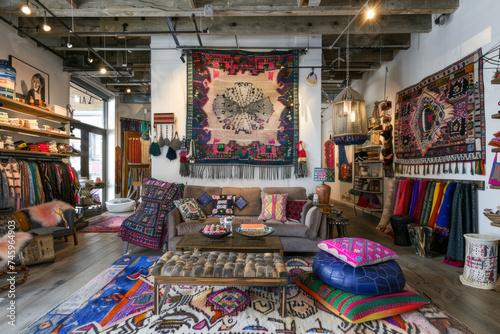Eclectic bohemian interior with vibrant textiles, eclectic artwork. © Hunman
