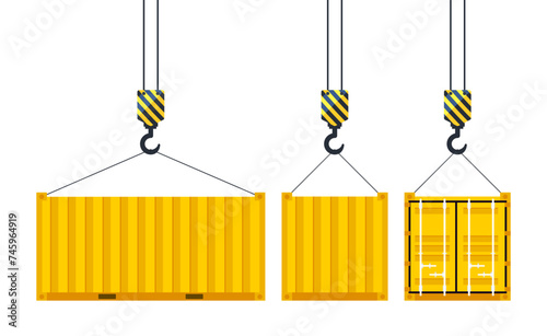 Cargo container hanging on a crane hook. Port crane. Worldwide delivery. Vector illustration