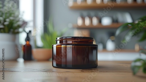 Natural cosmetics in a brown glass jar. Purchasing products devoid of plastic packaging. A sustainable, plastic-free lifestyle with no waste. Front view. 