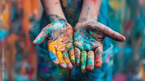 Paint in vibrant colors covering a child's hands. ideal for creative endeavors and art projects