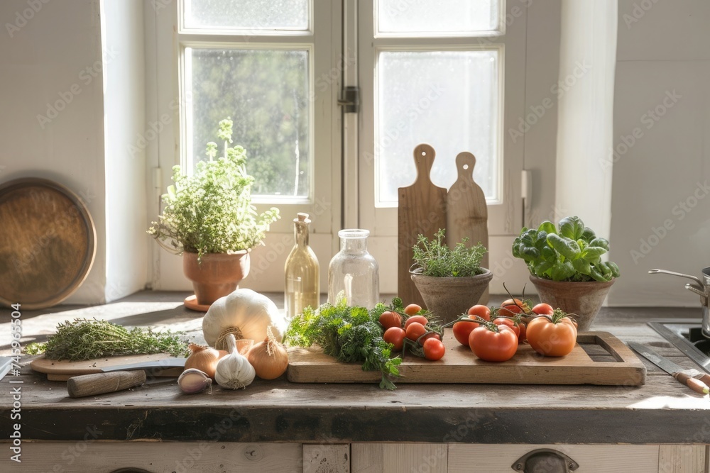 Sunlit rustic kitchen with fresh herbs, tomatoes, and a variety of vegetables on a vintage wooden table Sunlit rustic kitchen with fresh herbs, tomatoes, and a variety of vegetables on a vintage wooden table