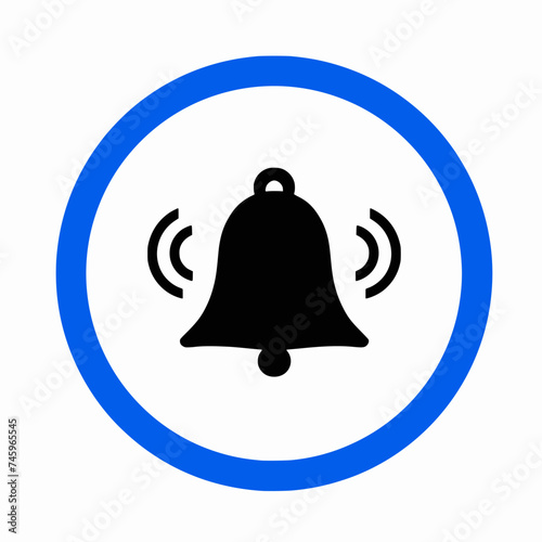 Ring bell icon in blue circle sign, Alarm, handbell line symbol isolated on white background, Illustration vector design