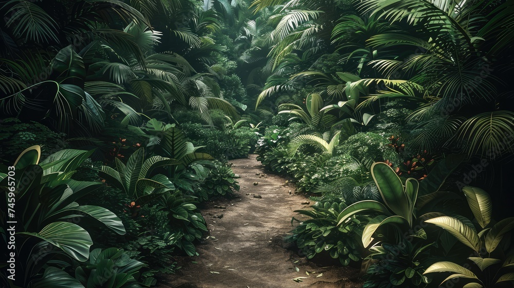 Fototapeta premium A way to the dark jungle, surrounded by bushes, a lot of plants. Generative AI.