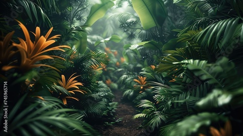 A way to the dark jungle  surrounded by bushes  a lot of plants. Generative AI.