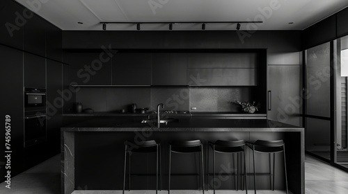 Sophistication of a minimalist black kitchen, where sleek black cabinetry and minimalist design elements create a chic and functional space for culinary exploration
