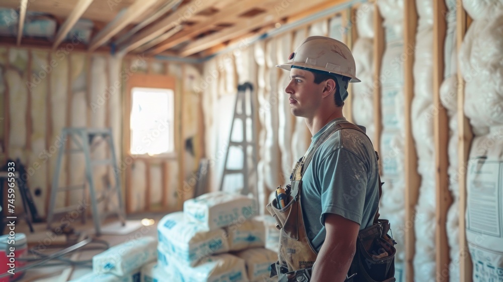 Construction worker installation ceiling into wall of new house Construction worker installation ceiling into wall of new house