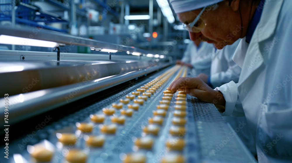 In the fast-paced environment of a pharmaceutical facility, a close-up shot focuses on a man's role at the assembly line, where he plays a vital part in the production of medical d