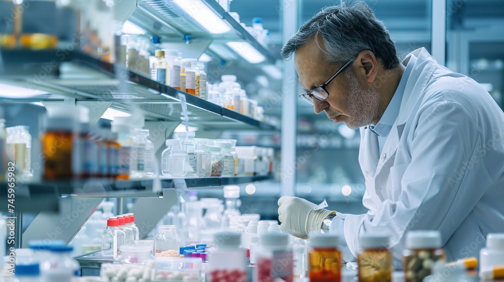 With a commitment to quality, a man stands at the assembly line in a pharmaceutical laboratory, ensuring the integrity and efficacy of medical drug production to meet the evolving With a commitment to quality, a man stands at the assembly line in a pharmaceutical laboratory, ensuring the integrity and efficacy of medical drug production to meet the evolving