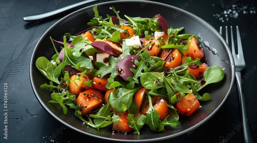 Black plate topped with a salad and a fork, greens, salad. Generative AI. Black plate topped with a salad and a fork, greens, salad. Generative AI.