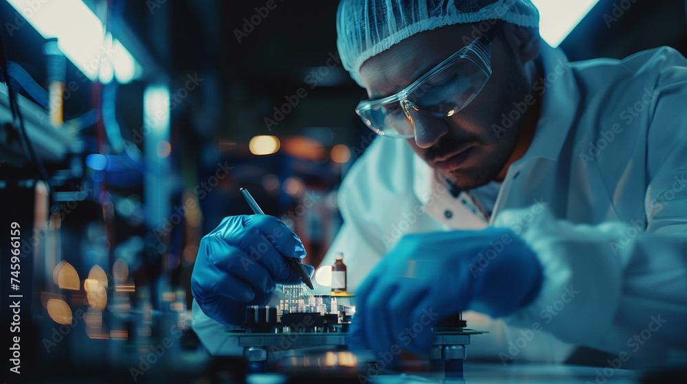 In the heart of innovation, a close-up shot captures workers at the assembly line, where they collaborate to produce microchips that power the devices of tomorrow, showcasing the s In the heart of innovation, a close-up shot captures workers at the assembly line, where they collaborate to produce microchips that power the devices of tomorrow, showcasing the s