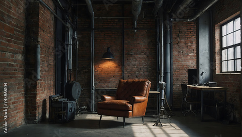 Industrial-style room with a metal-framed chair against an exposed brick wall. 